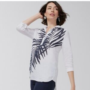 NWT Chico's No Iron Linen Buttonback Palm Print Tunic women's 10 resort beach